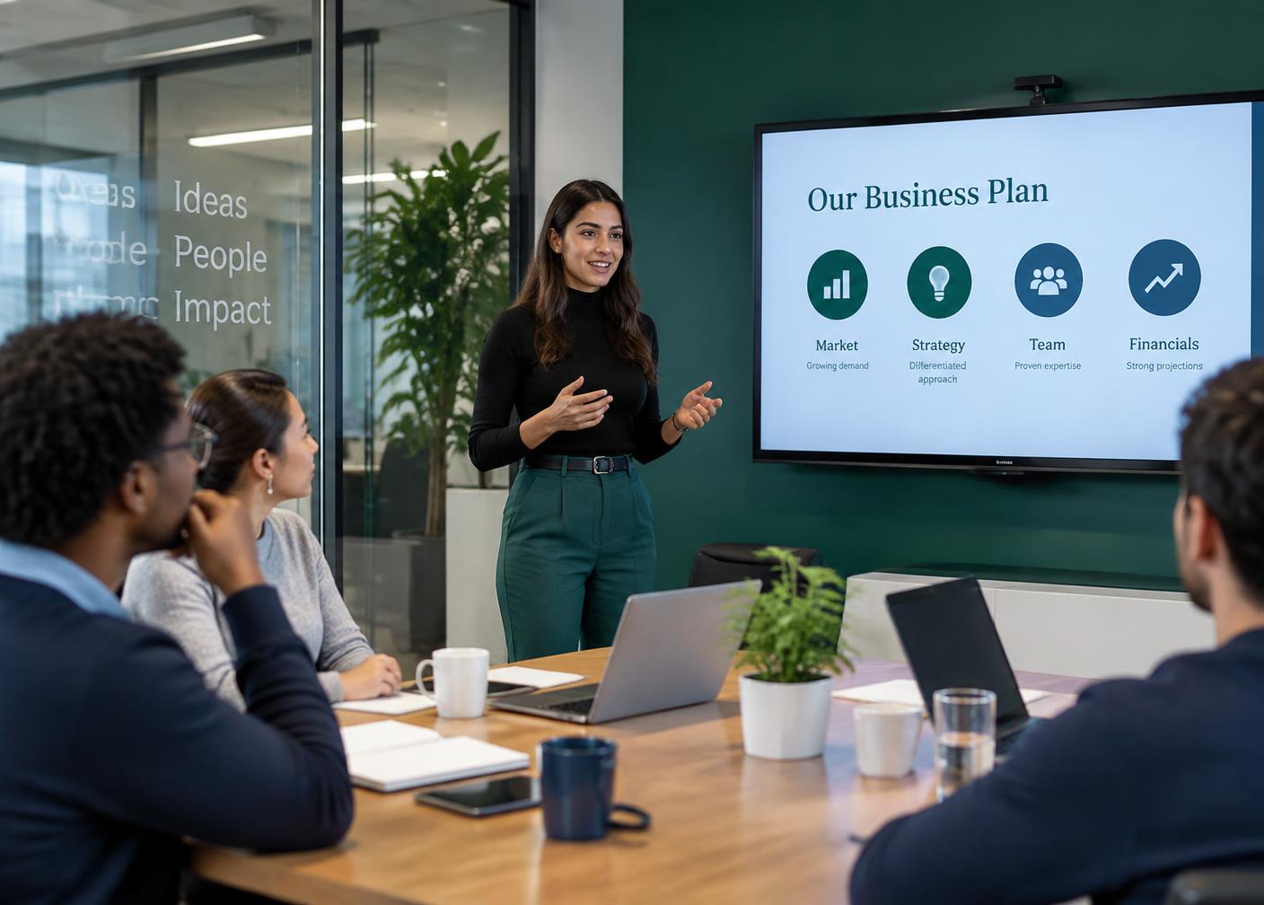 A young founder presenting a business plan to her team